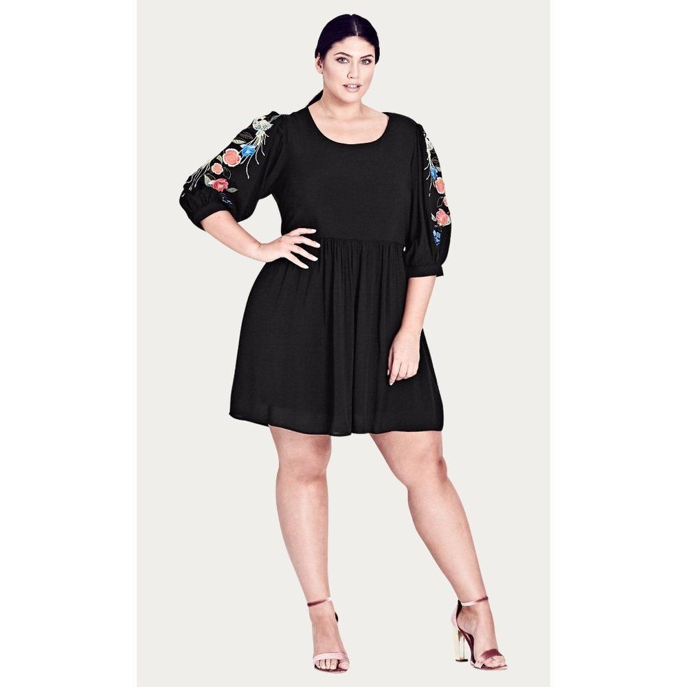 City Chic Black Mini Dress with Floral Embroidery